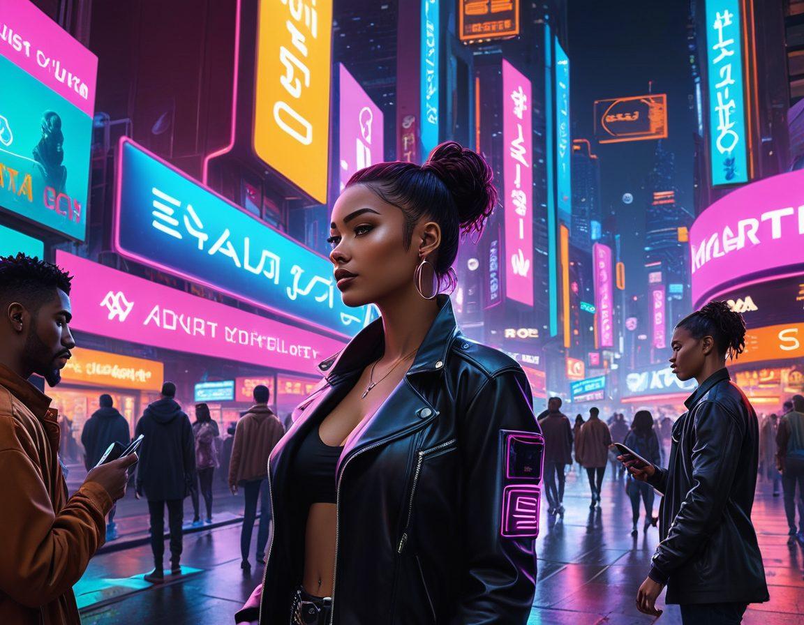 A futuristic cityscape bustling with neon lights and adult-themed billboards representing the rise of easy cash transactions. Focus on a diverse group of individuals using their gadgets for quick payments. Highlight elements such as digital currency symbols and holographic interfaces that convey efficiency and modernity. Capture a lively atmosphere blending hustle and creativity in the adult content industry. cyberpunk. vibrant colors.