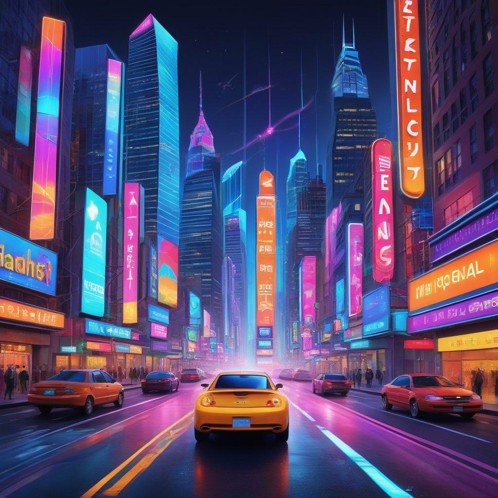 A surreal landscape depicting a vibrant city skyline infused with elements of animated adult content, where colorful financial graphs and cash are flowing like streams through the streets. Include neon signs promoting 'Financial Solutions' intermingled with playful cartoon characters. The scene should evoke a sense of balance between fun and financial savvy. Bright and bold colors. super-realistic. vibrant colors. 3D.