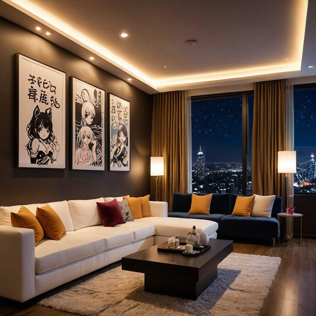 A captivating scene showcasing a stylish modern lounge filled with vibrant hentai manga artwork on the walls. In the center, a digital wallet is symbolically illuminated, connecting with plush sofas to represent ease of cash transactions. Add a whimsical touch with playful characters peeking from the manga, creating a fusion of adult entertainment and digital finance. The atmosphere is warm and inviting, accentuated by soft ambient lighting. vibrant colors. 3D.